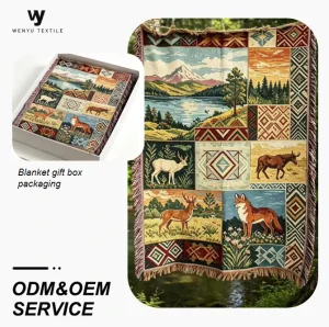 Patchwork Woven Tapestry Rustic Mountain Lake Wildlife Jacquard Throw Blanket Vintage Cabin Decor Wall Hanging