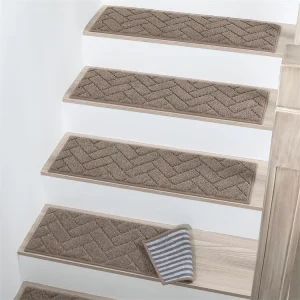 Patent Self Adhesive Stair Treads Non Slip Step Mat Indoor Washable 28inX9in Edging Polyester Soft Stair Rugs