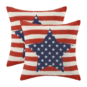 Patriotic Red Stripe Blue Star Polyester Square Cushion 18×18 Inch Throw Pillow
