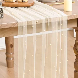 Pearl Gauze Table Runner 120 Inch 10FT Seasonal Sheer Dining Holiday Wedding Birthday Baby Shower Table Decor for Home Party