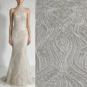 Pearl Stone Beaded Embroidery Knitted Tulle Fabric Handmade Sequin Lace for Wedding Bridal Evening Gown Dress