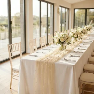 Pearl Tulle Mesh Table Runner Elegant Sheer Gauze Table Cover for Wedding Banquet Party Festival Outdoor Table Decoration