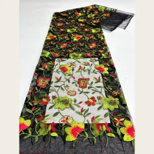 Pearly Fresh Green Red Floral Embroidery Polyester Nylon Lace Fabric Black Base Tropical Flower Tulle for Wedding Vacation
