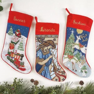 Personalized Customizable Needlepoint Christmas Stocking with Snowman and Tree Pattern Holiday Gift Sock