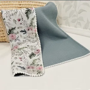 Personalized Printed Cotton Muslin Waffle Baby Swaddle Blanket Pom Pom Trim Custom Name Gift Soft Eco Friendly All Season 0 6