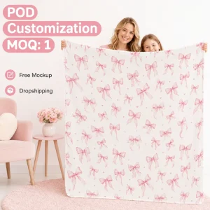 Personalized Soft Pink Ribbon Sherpa Blanket 50×60 Custom Watercolor Bow Flannel Fleece Double Layer Cozy Throw for Couch Bed