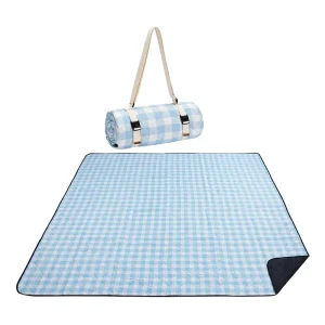 Picnic Blanket Beach Camping Grass Blue & White 80”x80” Waterproof Outdoor Blankets Washable Picnic Mat With Shoulder Strap