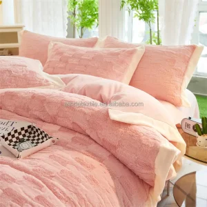 Pink 3D Carved Rabbit Milk Velvet Bedding Set Cream Fluffy Fleece Duvet Cover Warm BedSheets for Winter Bedroom