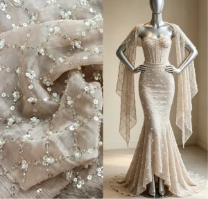 Pink 3D Floral Sequined Warp Woven Tulle Lace Fabric with Beaded Embroidery Applique Luxury Wedding Dress Accessories for Girls