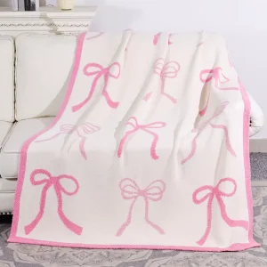 Pink Bowknot Print Half Plush Eco Friendly OEKO-TEX Certified Throw Blanket Ultra Soft Cozy Knit for Sofa Bed and Office Napping