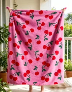 Pink Cherry Print Flannel Fleece Throw Blanket Super Soft Cozy Plush Coral Velvet Sofa Blanket