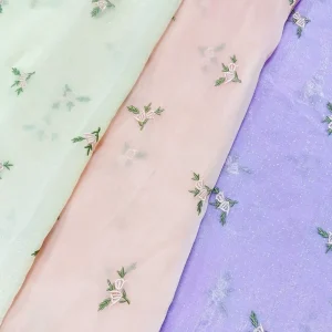 Pink Embroidered Chiffon Fabric Small Rose Flower Embroidery Tulle Mesh for Women’s Party DressandApparel