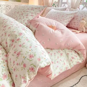 Pink Floral Duvet Cover Set Cotton Soft Breathable Garden Flower Duvet Cover for Teen Reversible Cute Pink White Bedding Set