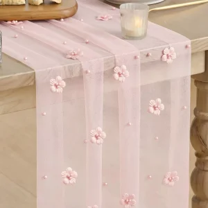 Pink Flower Pearl Gauze Table Runner 10FT Seasonal Sheer Dining Holiday Wedding Birthday Baby Shower Table Decor for Home Party