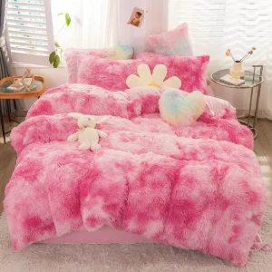 Pink Fluffy Duvet Cover Set Plush Shaggy Faux Fur Bedding Set Luxury Tie Dye Fuzzy Furry Comforter Set