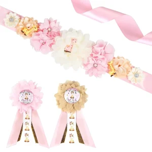Pink Giraffe Theme Baby Shower Maternity Sash Kit Giraffe Baby Shower Belly Belt Mom to Be and Dad to Be Corsage Pins