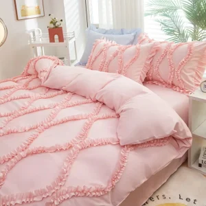 Pink Girl Geometric Pattern Bedding Set Duvet Set Geometric Embroidery Ruffled Lace 3 Pieces Warm Bedding Comforter Sets