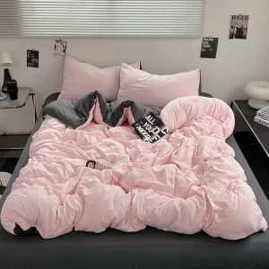 Pink & Gray Reversible Bedding Set Soft Washed Cotton 4 Piece Bed Set