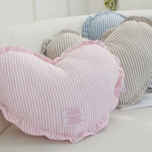 Pink Heart Shaped Korean Style Striped Pattern Soft Cotton Throw Pillow Cushion with Removable Washable Cover Home Bedroom Decor