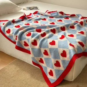 Pink Hearts Knitted Chenille 100% Polyester Soft Baby Blanket Reversible Premium Cozy Eco friendly Four Seasons Throw Blanket