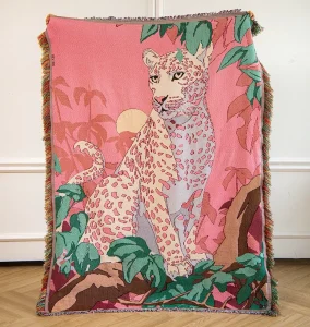 Pink High End Jungle Leopard Print Fall Office Shawl Nap Blanket with Tassels Oil Painting Inspired Throw Tapestry Cobijas