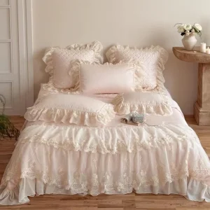 Pink Lace Embroidery Lyocell Bed Linen Duvet Comforter Quilt Cover Bed Skirt King Bed Sheets Sabanas Home Bedding Set