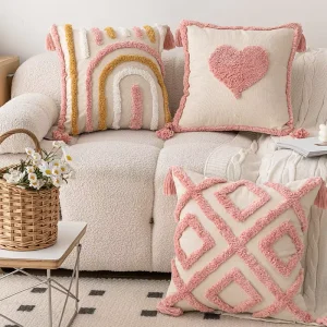 Pink PV Velvet Tufted Sofa Throw Pillow PP Cotton Filling Modern Minimalist Customizable Heart shaped Design