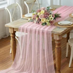 Pink Pearl Mesh Nordic Style Three Dimensional Wedding Table Runner with Scenic Pattern for Banquet Chair Back Decoration