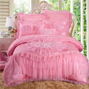 Pink Princess Style Lace Ruffle Bedding Set | Jacquard Wedding Duvet Cover & Tulle Bed Skirt Set