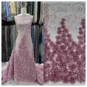 Pink Ribbon Heavy Beaded Fabric Knitted 100% Polyester Bridal Lace Fabric for Women’s Wedding Dress Accessories