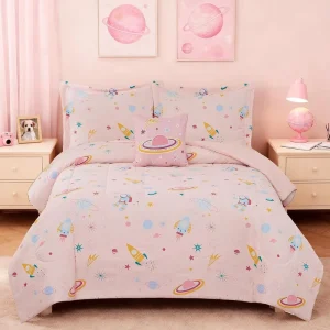 Pink Space Rocket Feather Fiber Quilted Comforter Digital Print Four season Universal Customizable Bedding Set