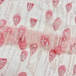 Pink Teardrop Beaded Embroidery Fabric Vertical Sequin Line Mesh for Ladies Dress Bridal Veil Accessories