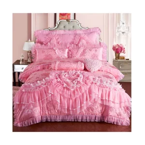 Pink Wedding Bedding Set Ruffles Heart Embroidery Romantic Bedroom Decor Satin 400TC Polyester Cotton Floral Lace Trim