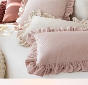 Pink White Velvet Ruffles Fall Throw Pillow 18×18 Inches Covers Square Cozy Soft Solid Color Decorative Cushion Cases