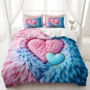 Pink and Blue Heart shaped Embossed Fur Simulation Printed Bedroom Bed Sheet Duvet Cover Set
