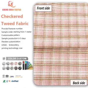 Pink and Brown Checkered Tweed Fabric Woven 100% Polyester Fabric Suitable for Making Handbags and Coats Customizable