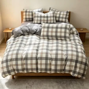 Plaid Grid Washed Cotton Bedding Set Soft Breathable Duvet Cover Flat Sheet Pillowcase Minimalist Bedroom Custom Bulk Supply