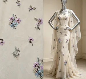 Plain Soft Tulle with Embroidery Gradient Purple Blue Gold Irregular Sequins Morandi Pastoral Fabric for Modest Outer Abaya