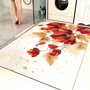 Plant and Flower Design Bath Mat Quick Dry PVC Bathroom Rug Non Slip and Absorbent Stain Resistant Bath Mat for Bathroom