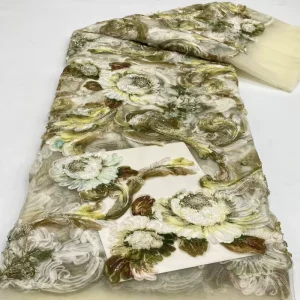 Plant-printed bead tube+sequin embroidery on ribbon fabric for dresses, fashion performance costumes, and beaded embroidery fabric