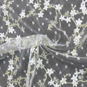 Plum Blossom Gold Thread Embroidered Polyester Tulle Floral Lace Mesh Fabric for Wedding Apparel Costumes DIY Crafts
