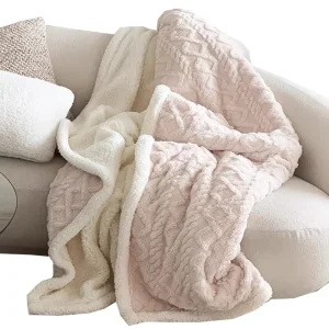 Plush Cable Knit Sherpa Throw Blanket Ultra Warm Soft Reversible Blanket for Home Sofa Bed Winter Daily