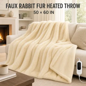 Plush Faux Rabbit Fur Flannel Dual Layer Heated Throw Blanket 50×60 Inch 3 Heat Levels Auto Shut off Washable CE