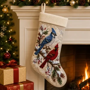 Polar Bear Embroidery Needlepoint Christmas Stocking Red Scarf Eco Friendly Polyester Luxury Handstitched Festive Fireplace