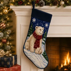 Polar Bear Needlepoint Christmas Stocking with Red Scarf for Luxury Handstitched Festive Fireplace Holiday Decoration Gift