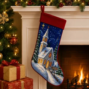 Polar Bear Needlepoint Polyester Christmas Stocking Red Scarf Soft Eco Friendly Handstitched Festive Holiday Decor Gift