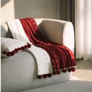Polka Dot Pom Pom Fringe Blanket Red White Knitted Throw Soft Warm Elegant Home Decor Living Room