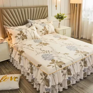 Polyester Bedding Luxury Bed Cover Modern Floral Plant Printed Thick Fitted Skirt Sheets Bed Skirt