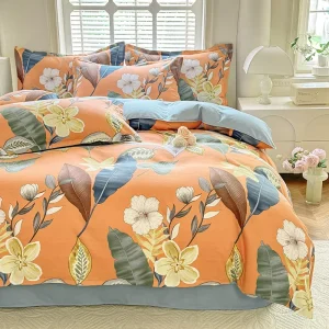 Polyester Bedding Set Floral Pattern 4 Pcs Bed Sheets Set 400TC Fabric Modern Style King Durable Fade Resistant All Season Use