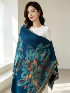 Polyester Cotton Blend Floral Jacquard Woven Throw Blanket Navy Blue Botanical Sofa Bedspread with Colorful Tassels
